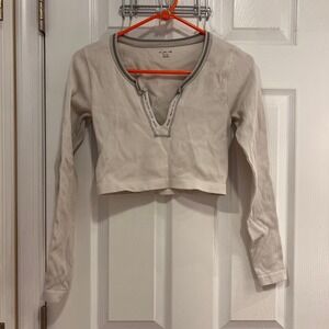 OUT FROM UNDER‎ Off White Ribbed Henley Crop Top Long Sleeve